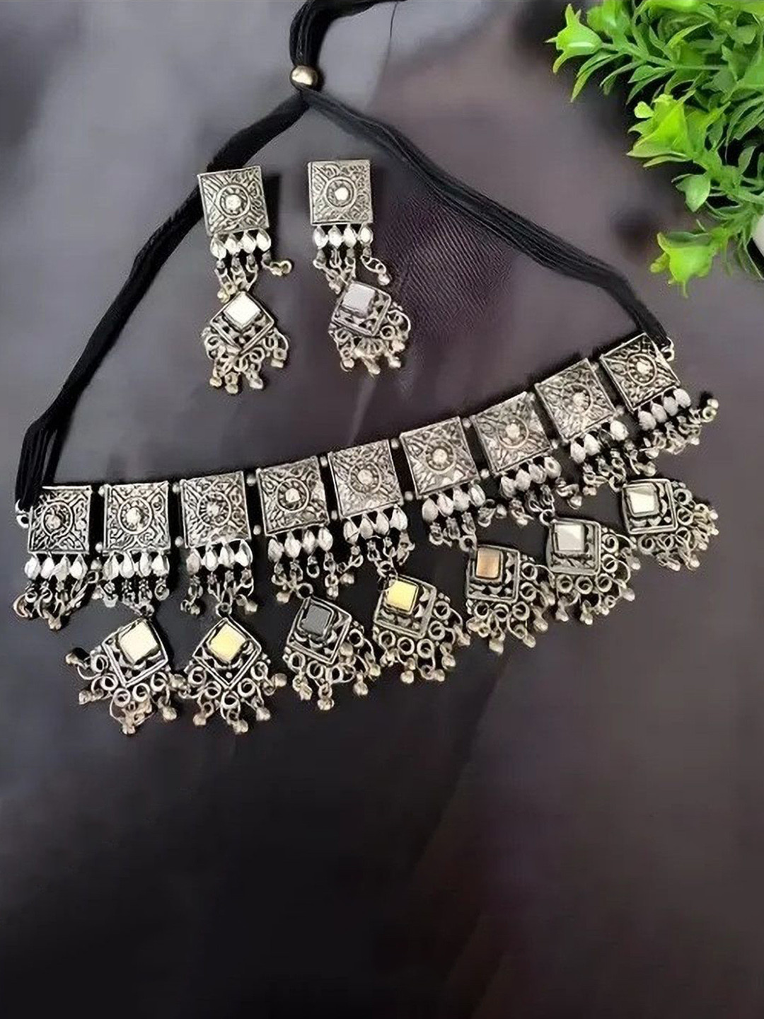 SZN Mirror Work Oxidized Necklace & Earrings