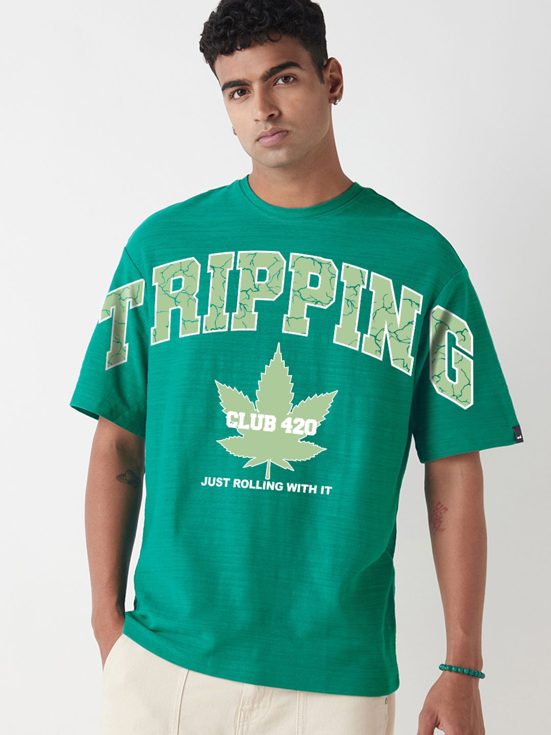 Bewakoof Air 1.0 Men's Slushy Green Trippin Graphic Printed Oversized T-shirt