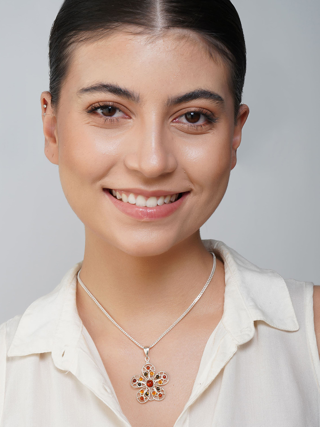 Asteri Shine On Sterling Silver Multicolor European Amber Big Flower Pendant