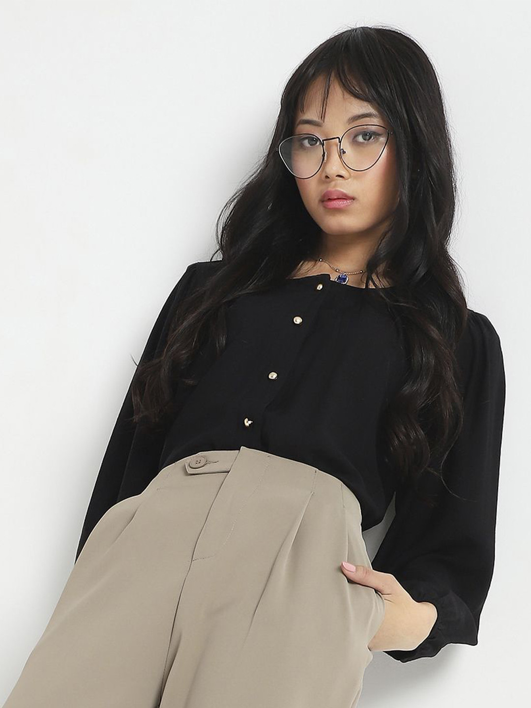 Sera Women Black Cotton Nylon Puff Sleeve Korean Top