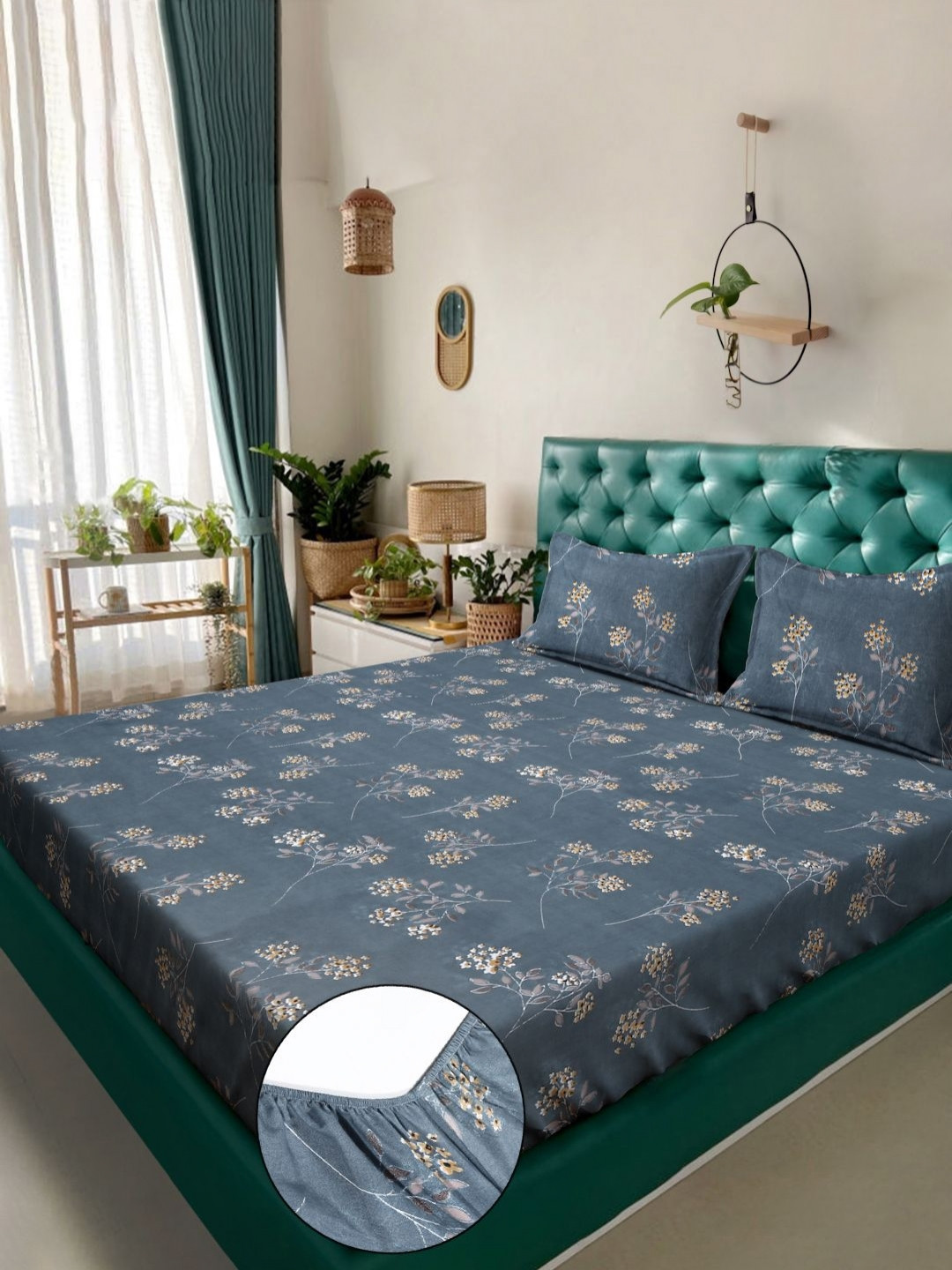 KLOTTHE Grey & White Floral Printed 300 TC Fitted Double Bedsheet 2.70 x 2.70 m