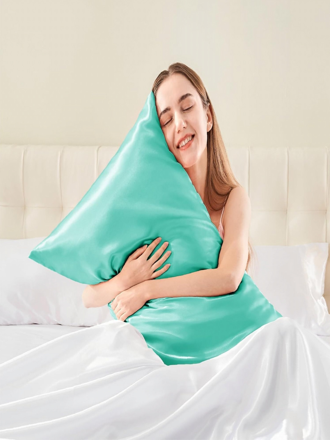 DEHMAN Turquoise Blue Pure Silk Rectangle Pillow Cover