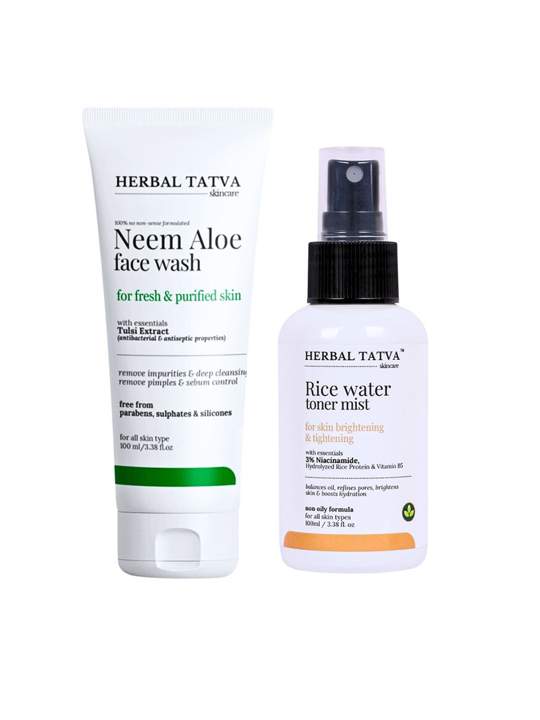 HERBAL TATVA Set of Neem Aloe Vera Face Wash & Rice Water Toner Mist - 100 ml each