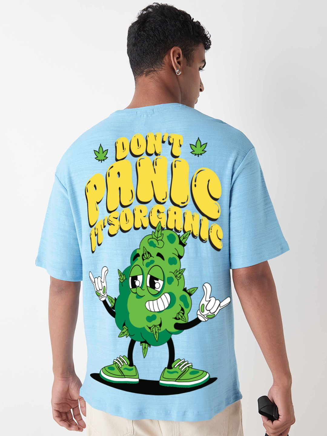 Bewakoof Air 1.0 Men's Sky Blue Don't Panic Graphic Printed Oversized T-shirt