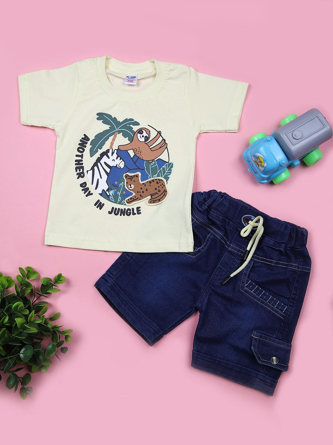 V-Mart Infant Boys Animal Graphic Printed Pure Cotton T-shirt With Denim Shorts