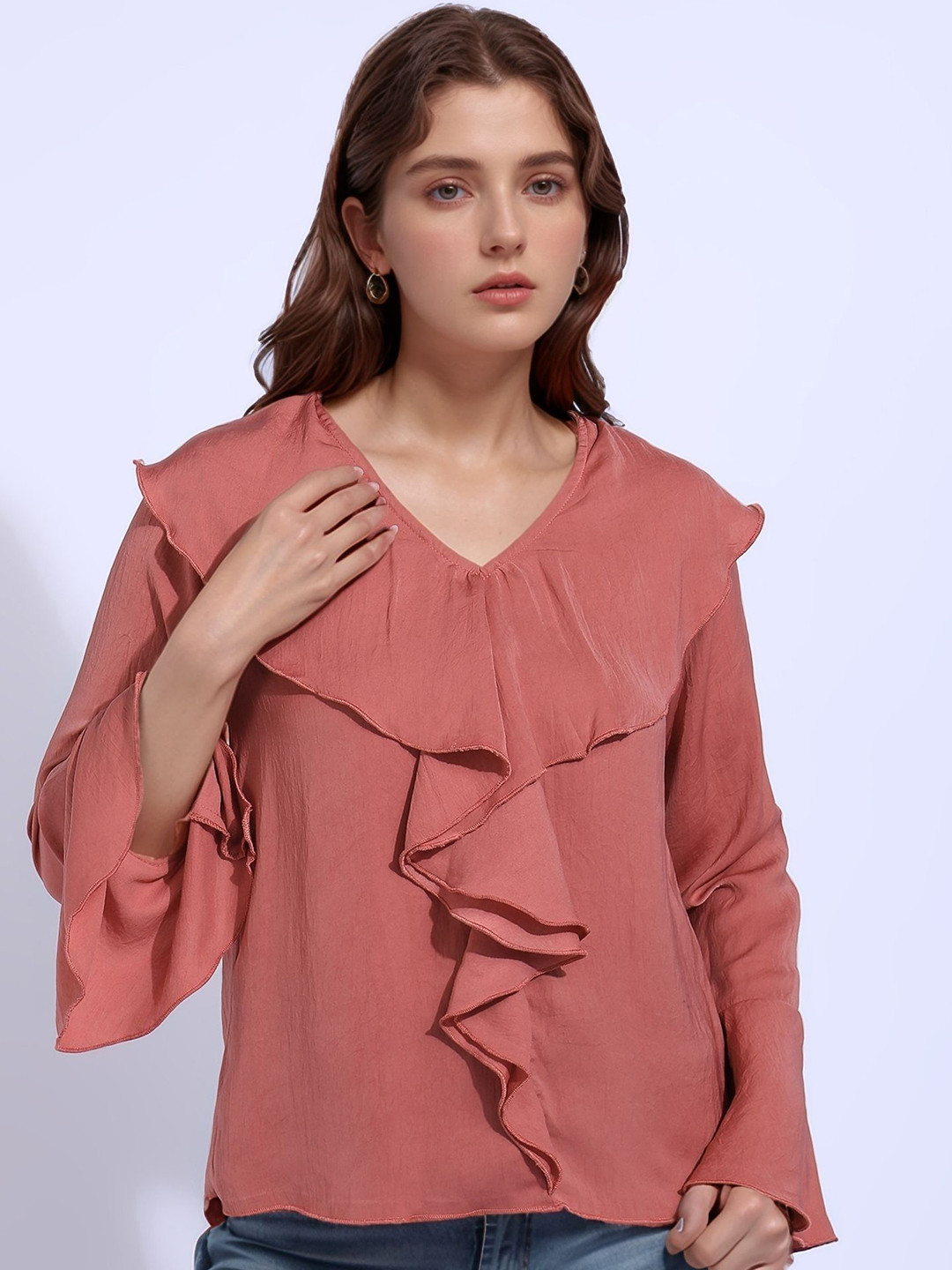 DressBerry Women V-Neck Bell Sleeve Ruffles Satin Top