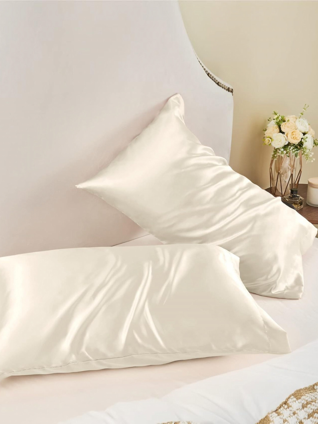 DEHMAN Beige 2 Pieces Pure Silk Rectangle Pillow Covers