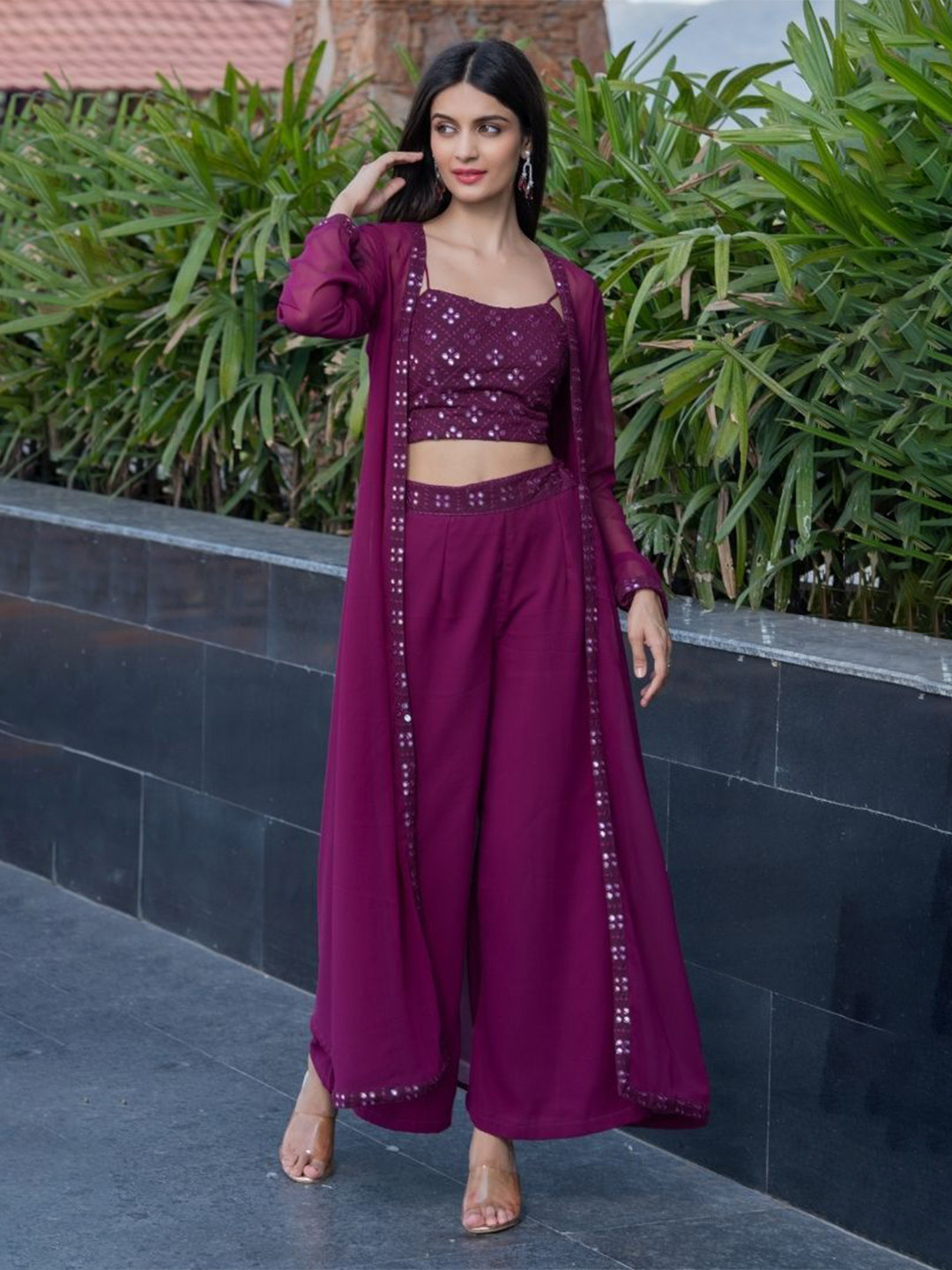 HOUSE OF JAMOTI Embellished Georgette Co-Ord Set With Shrug