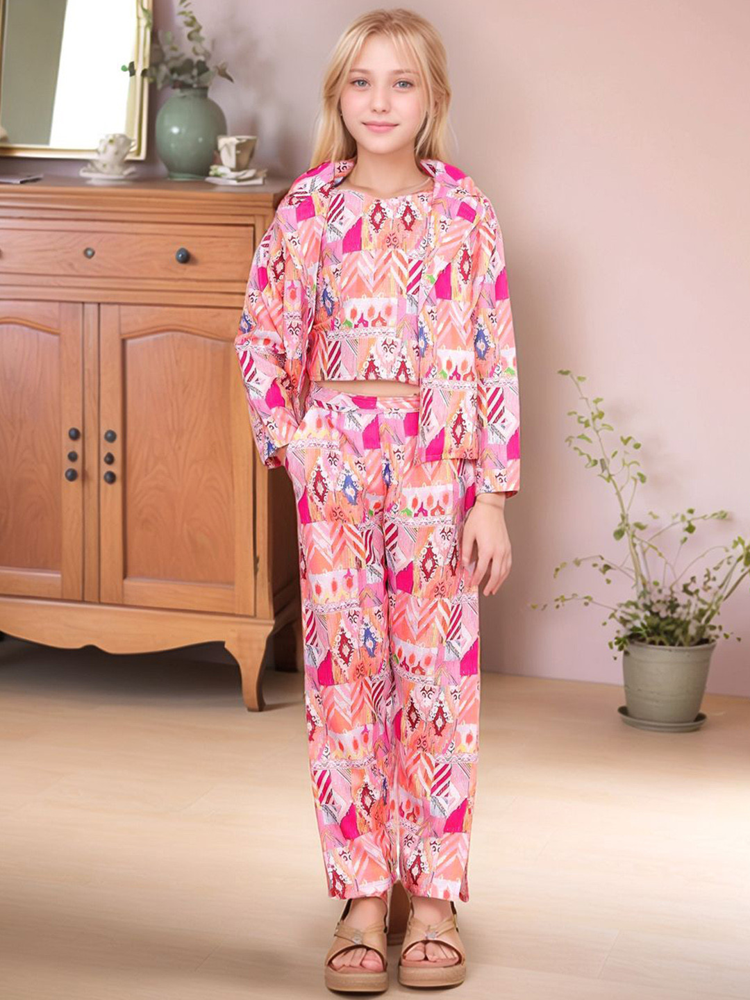 BAESD Girls Printed Sleeveless Linen Top With Trouser And Jacket