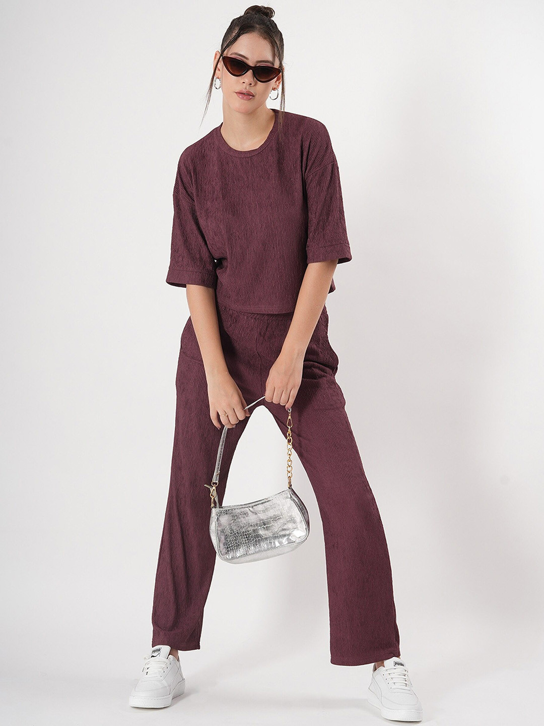 Maroon Crinkle Self Design Round Neck T-Shirt With Trousers