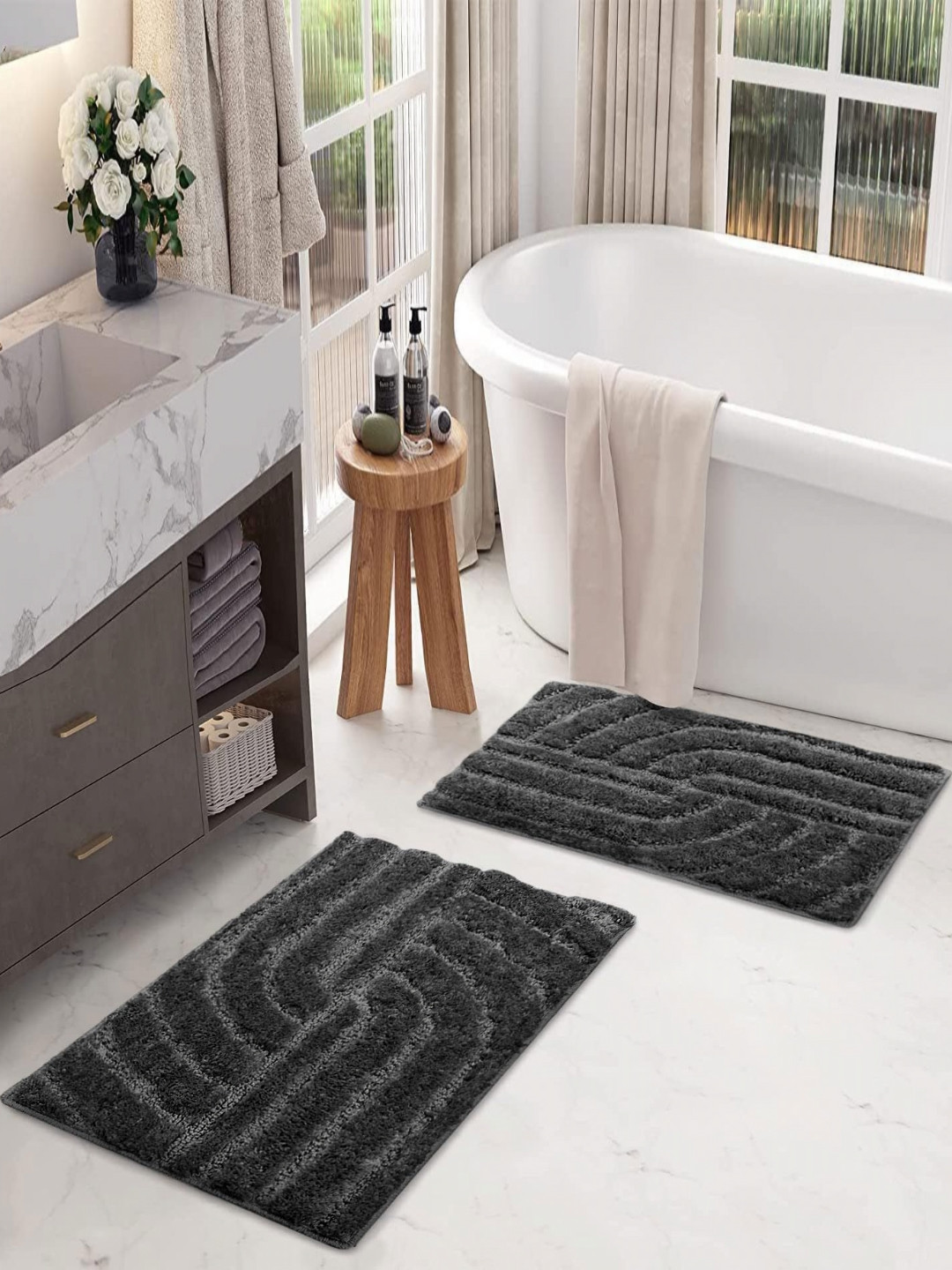 LUXEHOME INTERNATIONAL Scotland Maze Grey 2 Pieces Textured Anti Skid Bath Rugs