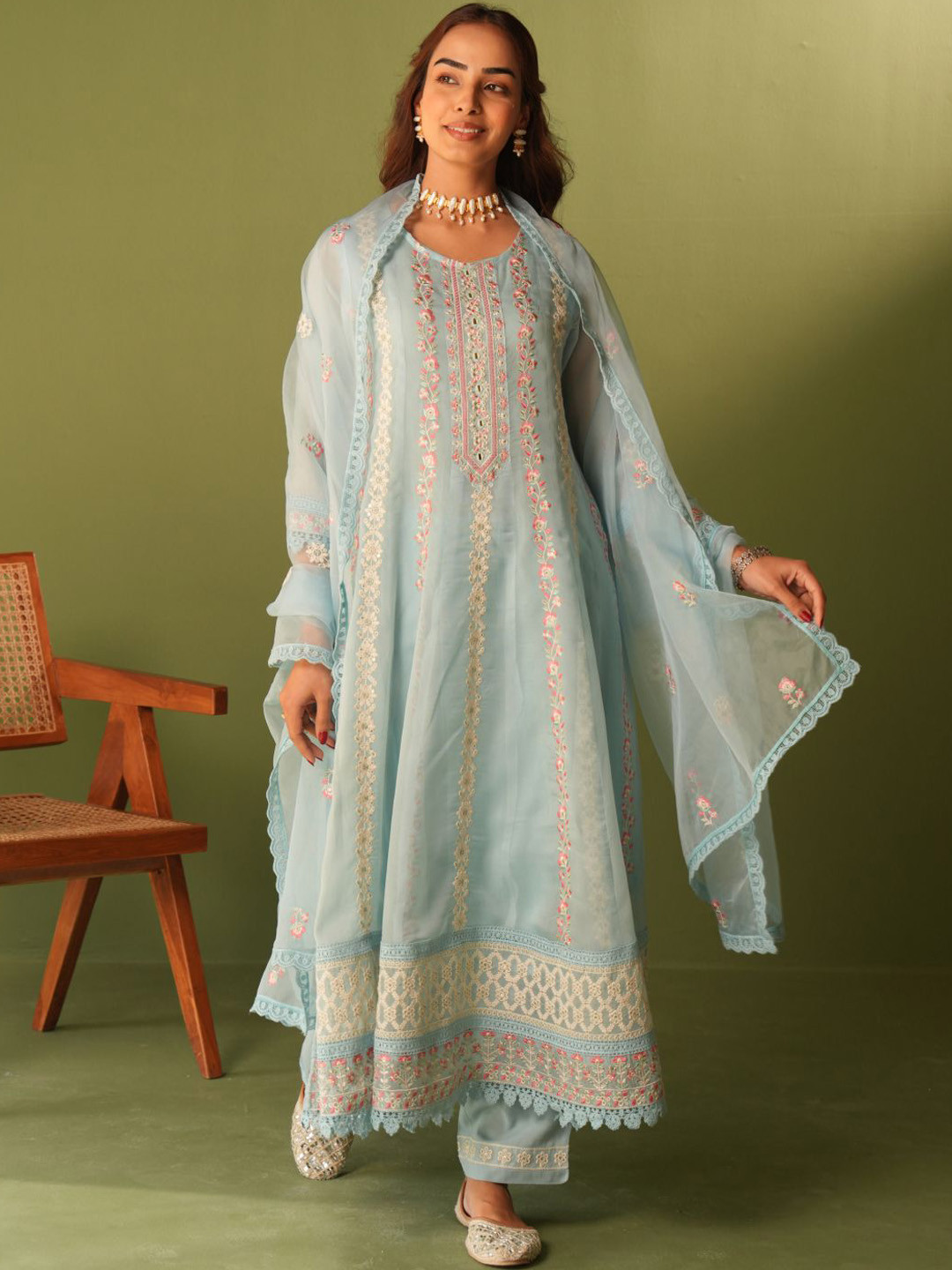 Sindh Fashion Floral Embroidered Organza A-Line Kurta With Trousers And Dupatta