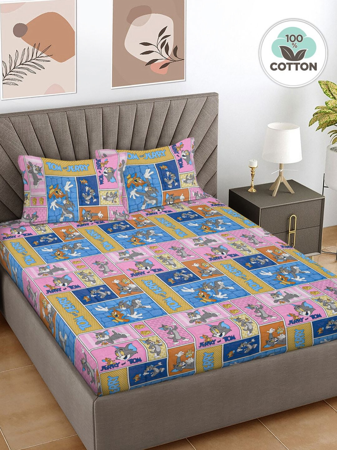 FABINALIV Pink Cartoon Characters Pure Cotton Skin-Friendly 300 TC King Fine Bedsheet with 2 Pillow Covers-98 x 89 inches