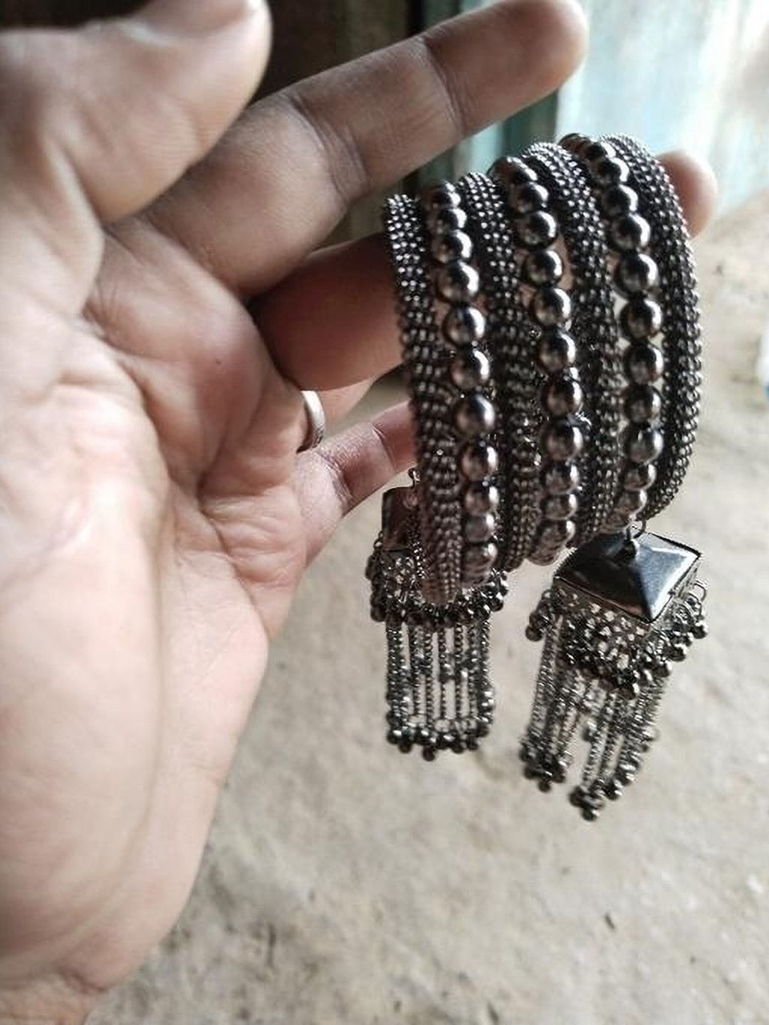 SZN Ghungroo Artificial Beaded Oxidised Spiral Jhumka Bangle