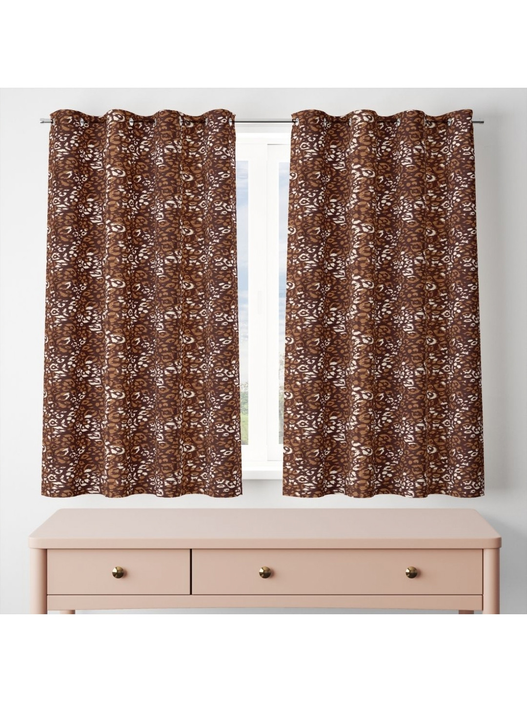 POORAK Brown Set of 2 Geometric Sheer Window Curtain
