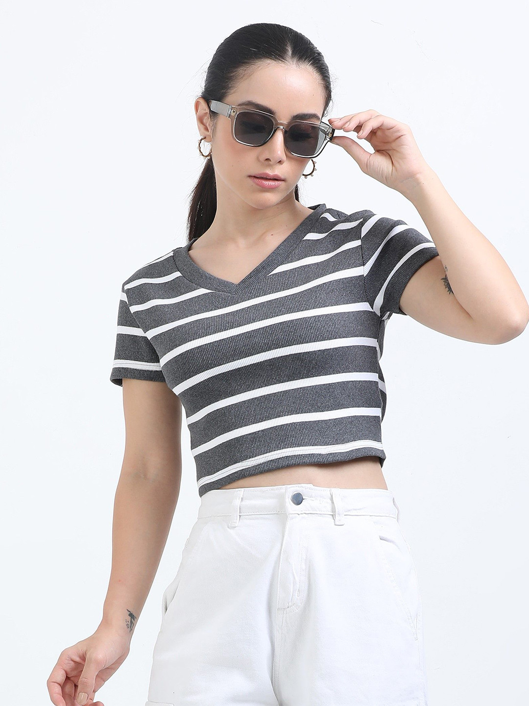 CORSICA Women Ribbed Striped V Neck Short Sleeves Cotton Crop Fitted Top