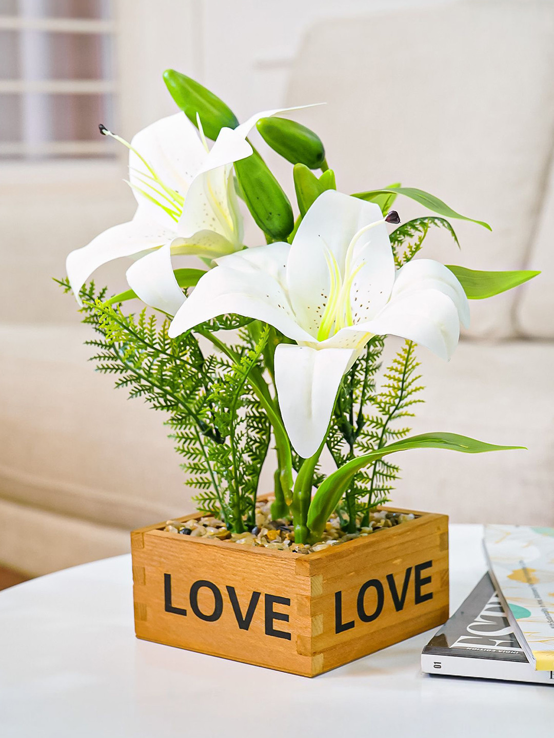 Nostrae by Ekhasa White & Green Lily Artificial Flower With MDF Vase Pot