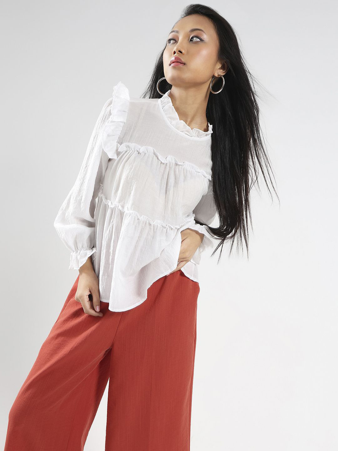 Sera Women White Ruffled Tiered Long Sleeve Top