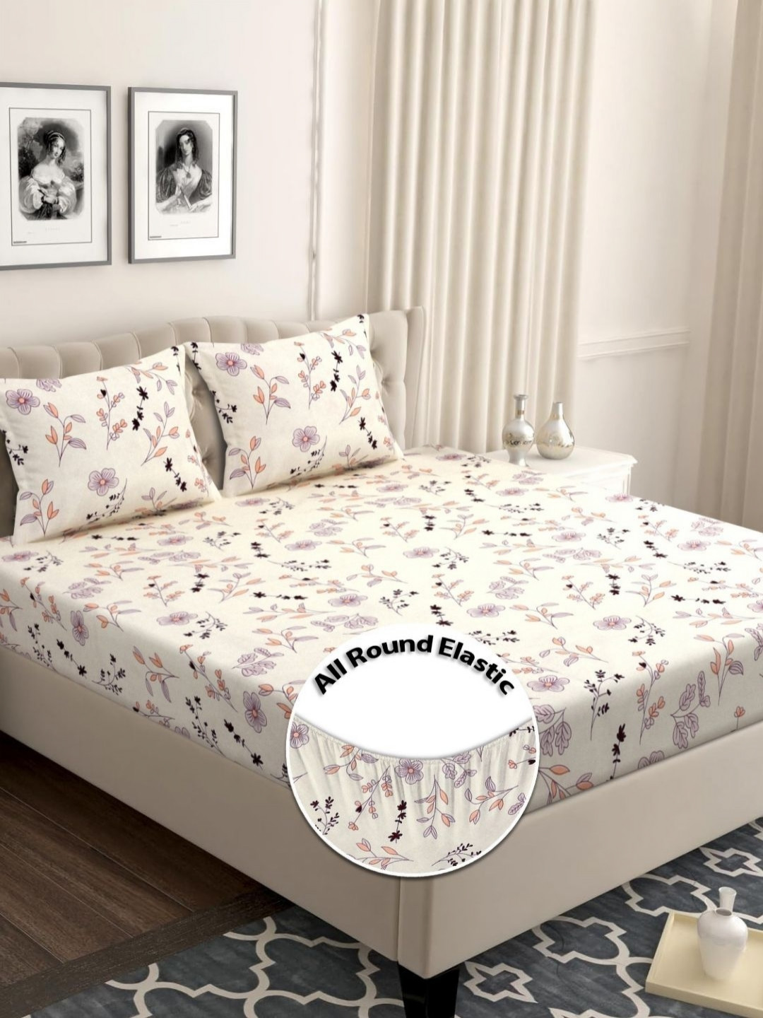 VAS COLLECTIONS Off White Printed Microfiber 210 TC Queen Bedsheet Set- 1.82 m x 1.98 m