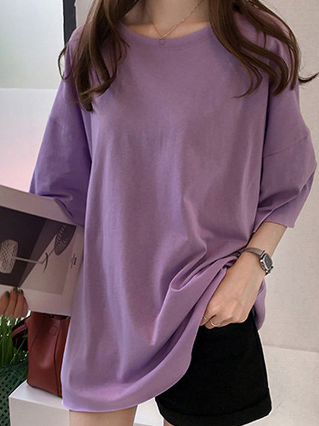 Outzidr Purple Basic Solid Over-Sized T-Shirt