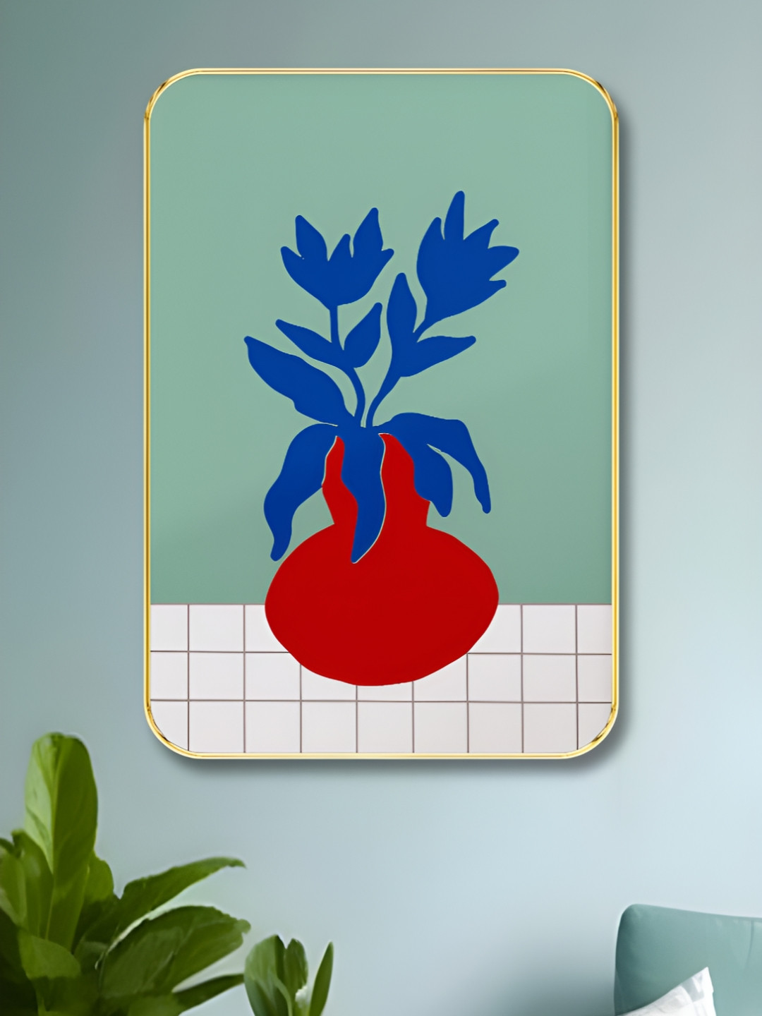 Livin'luxe Green & Blue Flower Pot Printed Wooden Wall Painting