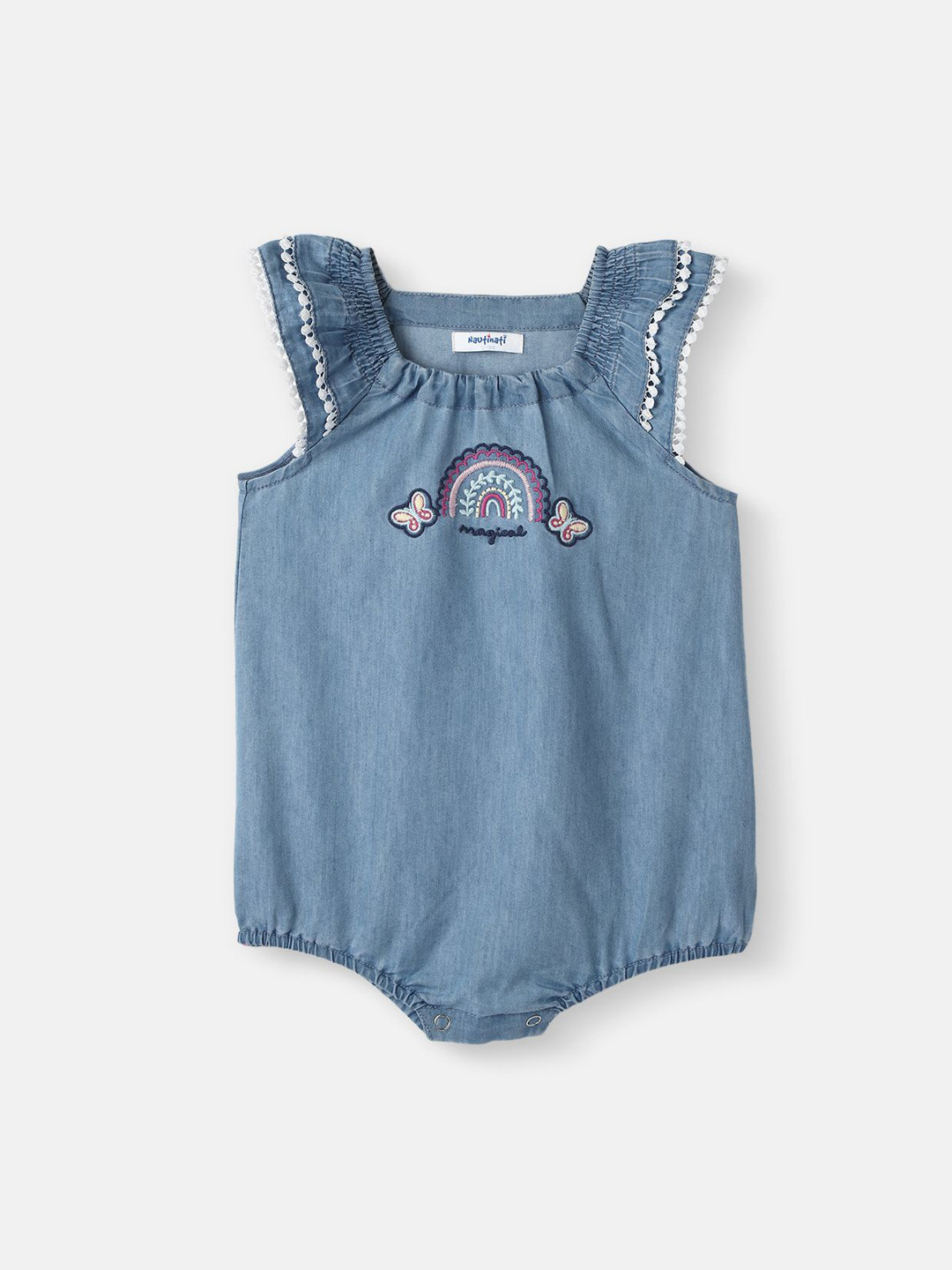 Nauti Nati Girls Denim Cotton Rainbow Embroidered Bodysuit