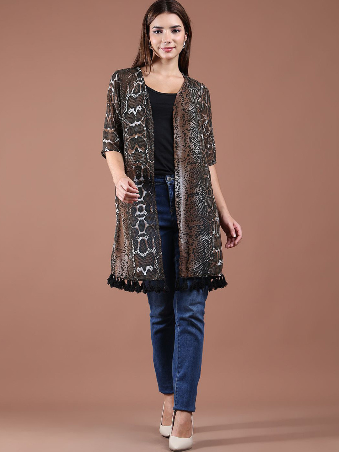 UnaOne Animal Printed Tasselled Open Front Georgette Longline Shrug