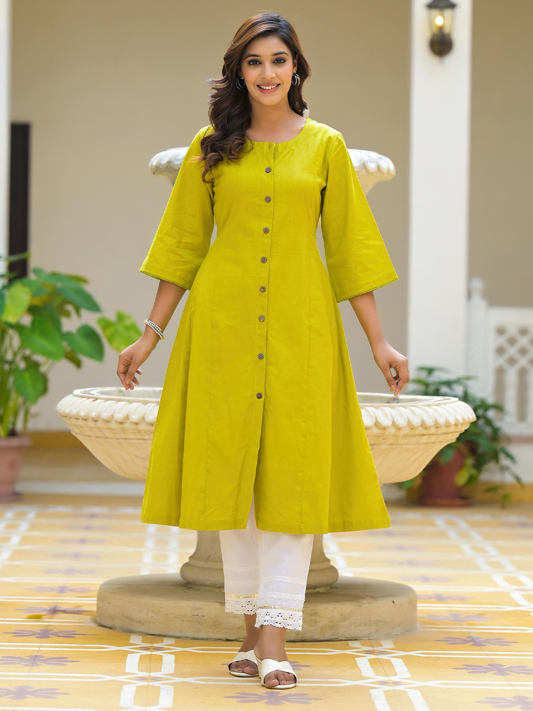 Juniper Solid A-line Cotton Linen Kurta Button Closure