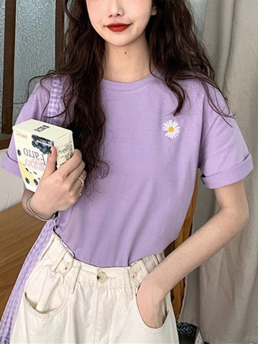 Outzidr Purple Sunflower Motif T-Shirt