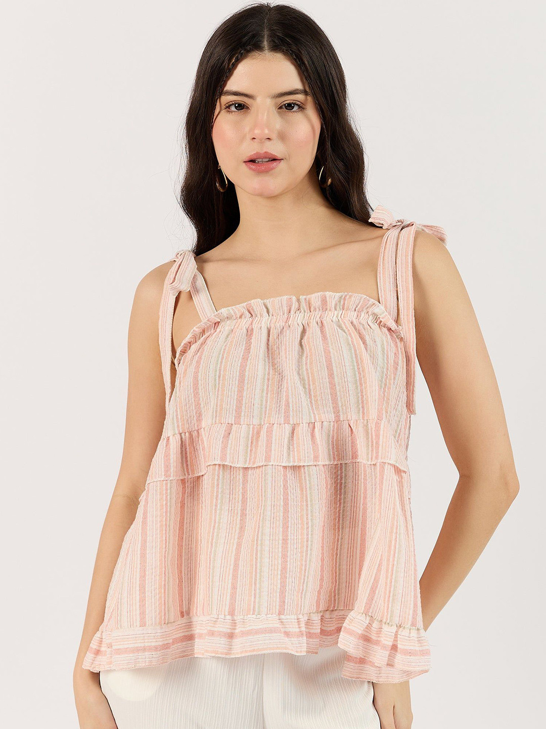 Outzidr Pink Ruffle Top with Bow