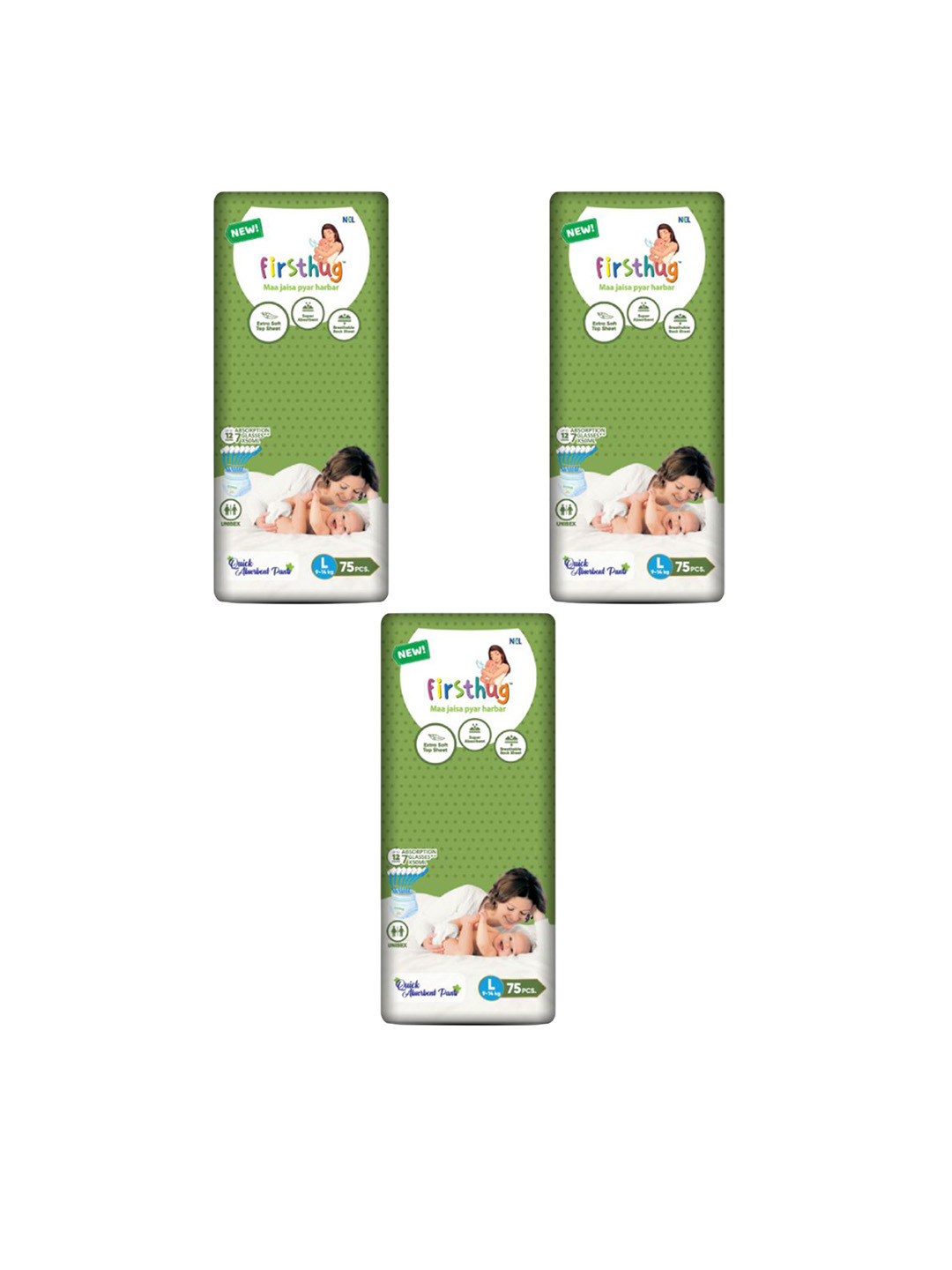 Firsthug Set Of 3 Double Layer Leakage Protection Diaper Pants Style - L - 75 Pcs Each