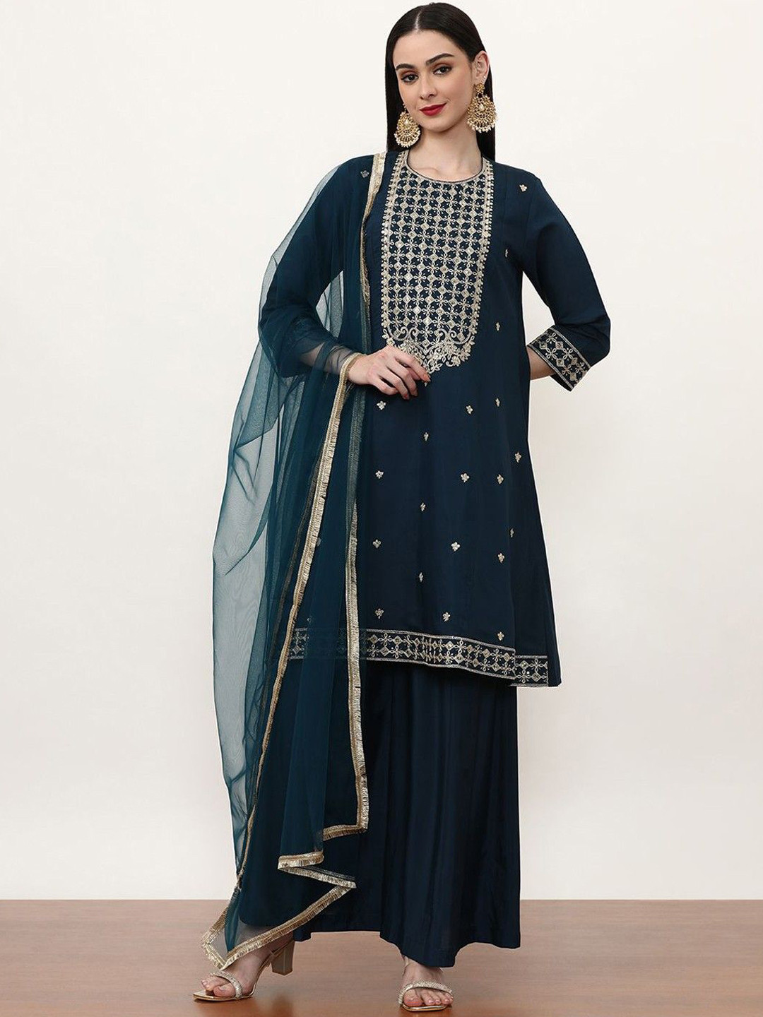 FABIAN FASHION Floral Embroidered Sequinned A-Line Kurta With Palazzos & Dupatta
