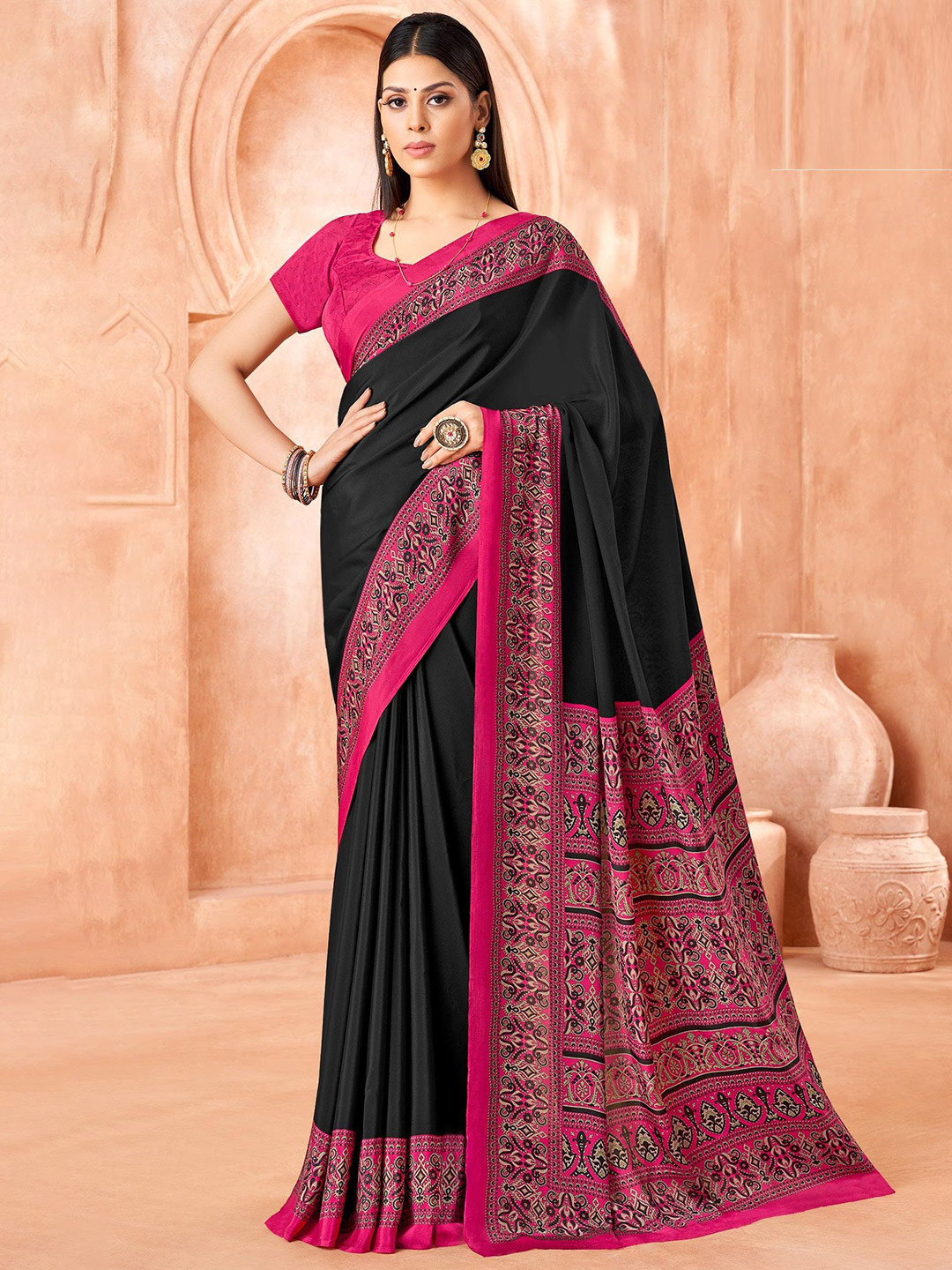 Reboot Fashions Printed Border Saree With Blouse Piece