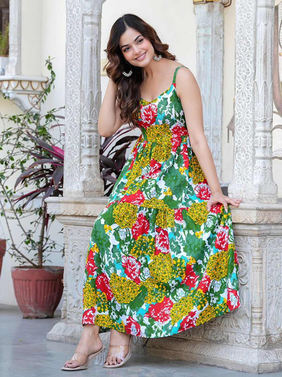 MANOJAVA Floral Printed Fit & Flare Midi Dress