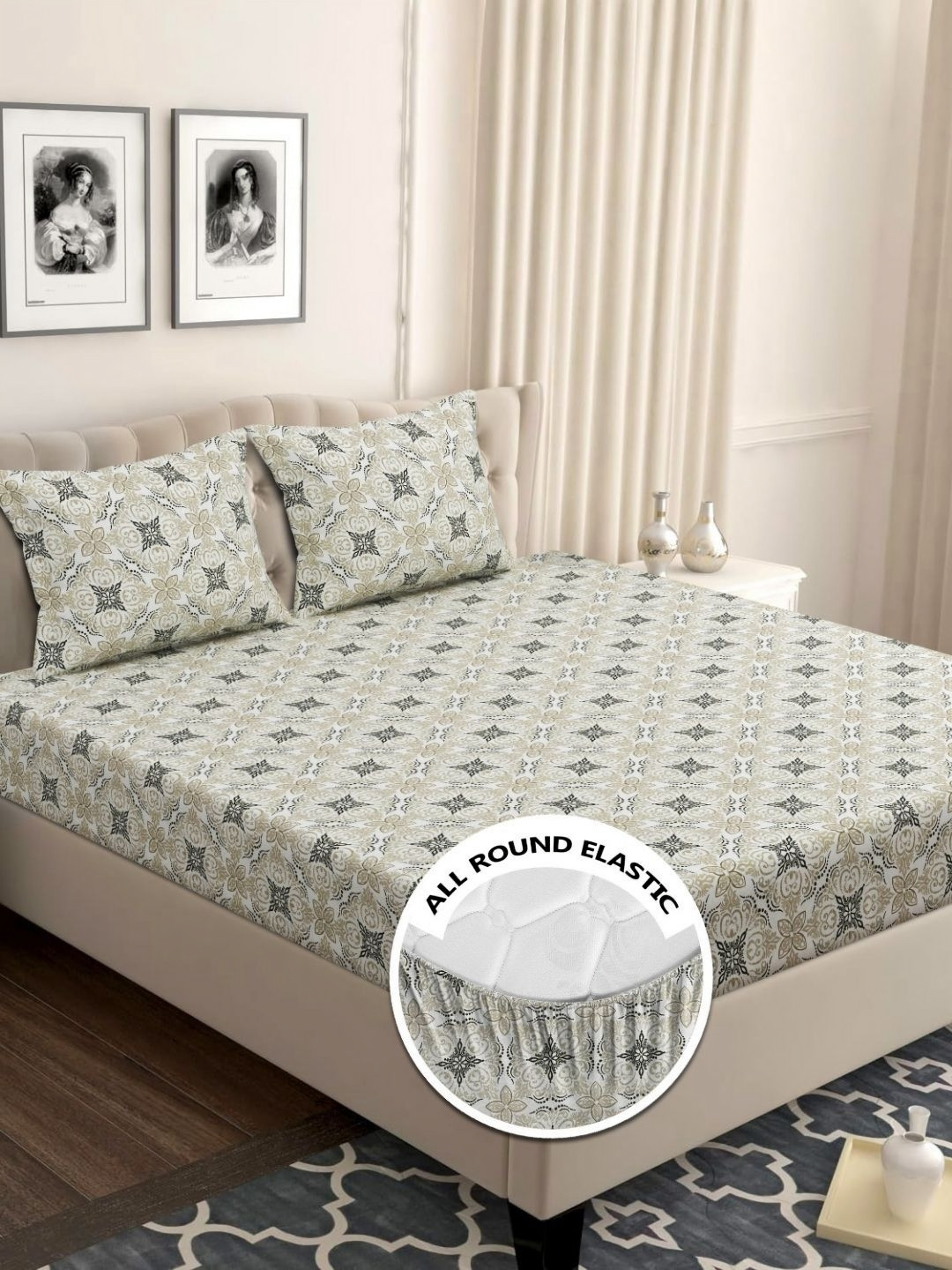 VAS COLLECTIONS Off White Printed Microfiber 210 TC Queen Bedsheet Set- 1.82 m x 1.98 m