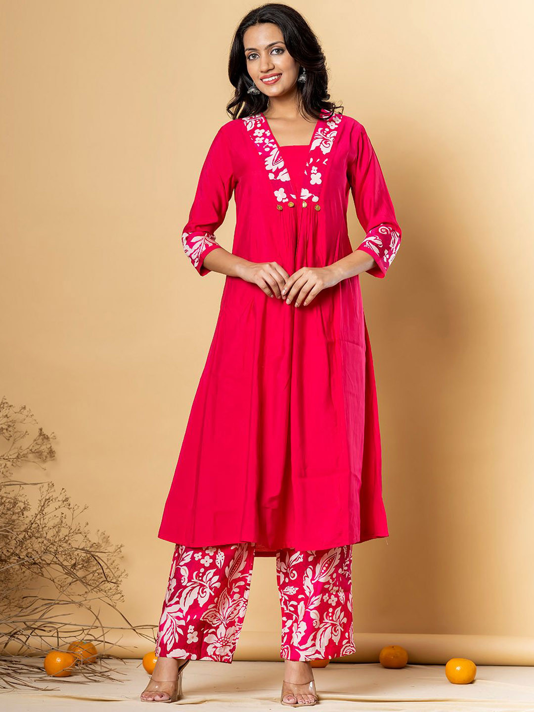 Readiprint Floral Yoke Design Pleated Square Neck Pure Silk A-Line Kurta With Palazzos