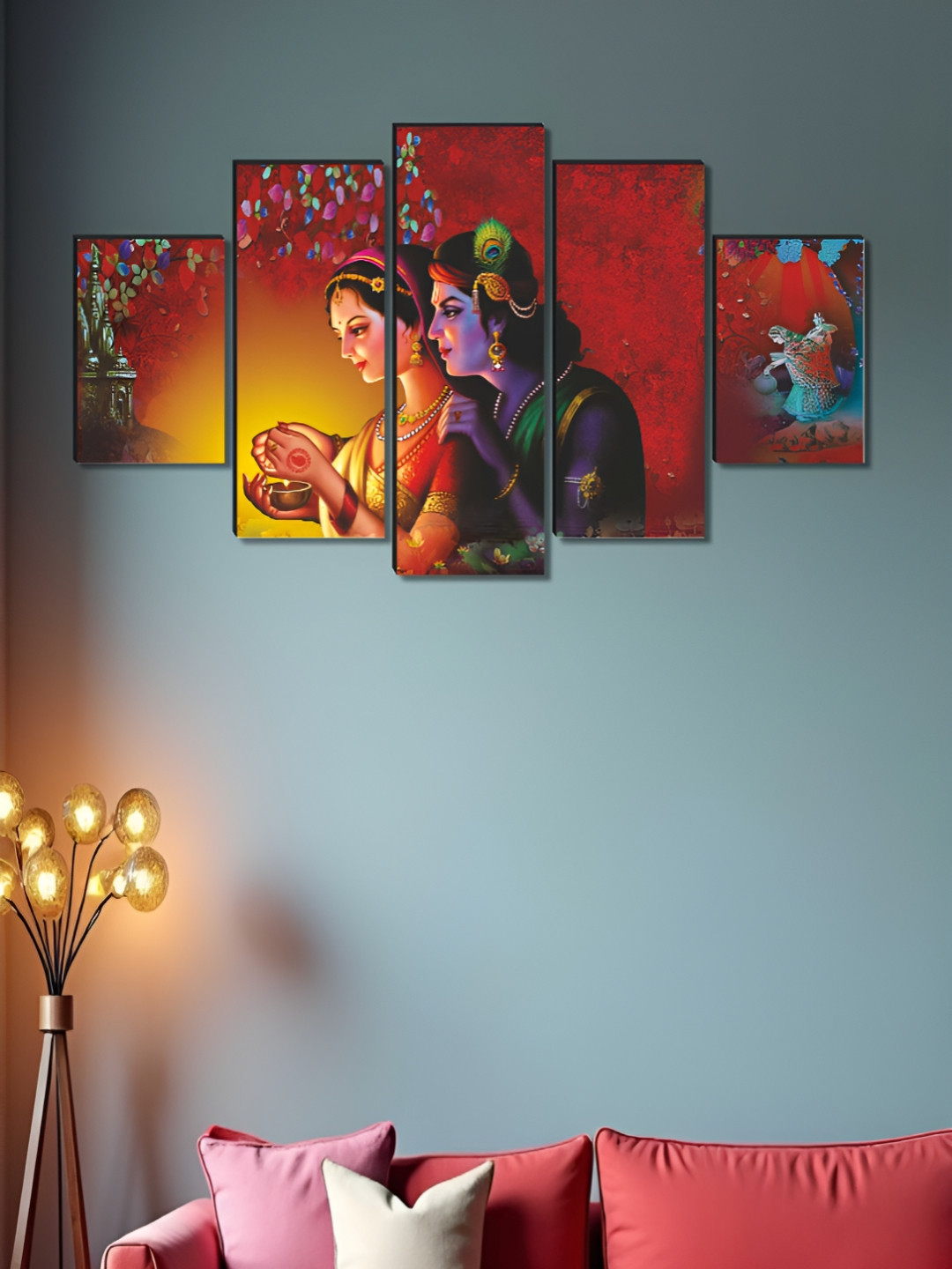 Livin'luxe Red & Gold-Toned 5 Piece Wooden Lords Krishna Wall Paintings