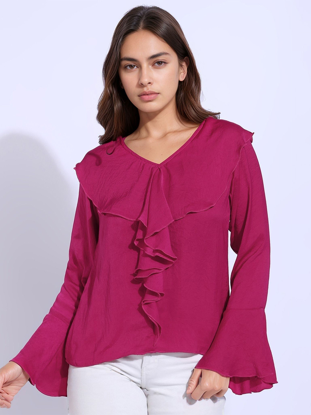 All about you Women Satin V-Neck Bell Sleeve Regular Top