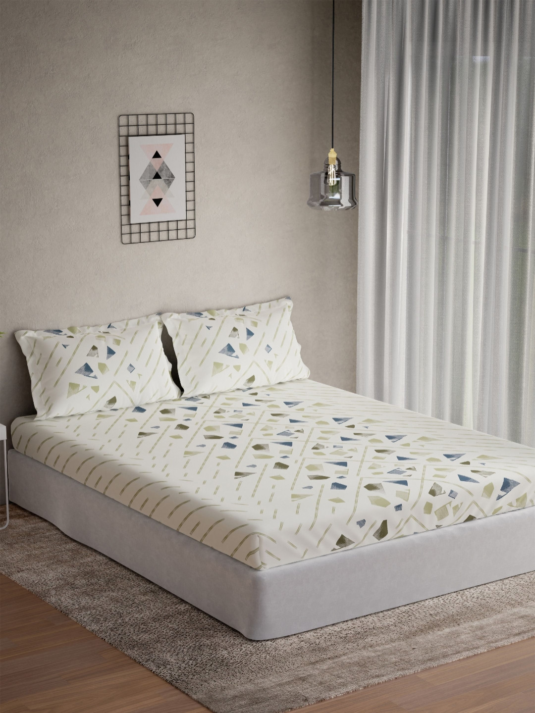 DDecor Vega Collection White Printed Cotton 144 TC Queen Bedsheet Set 1.91m x 2.54m