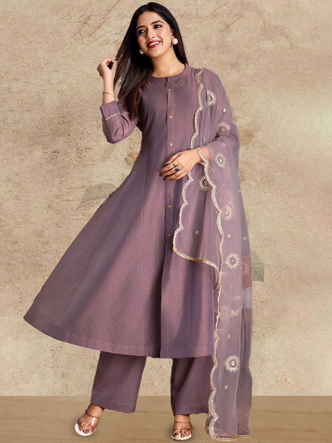 FABIAN FASHION Mandarin Collar Chanderi Cotton A-Line Kurta With Trousers & Dupatta