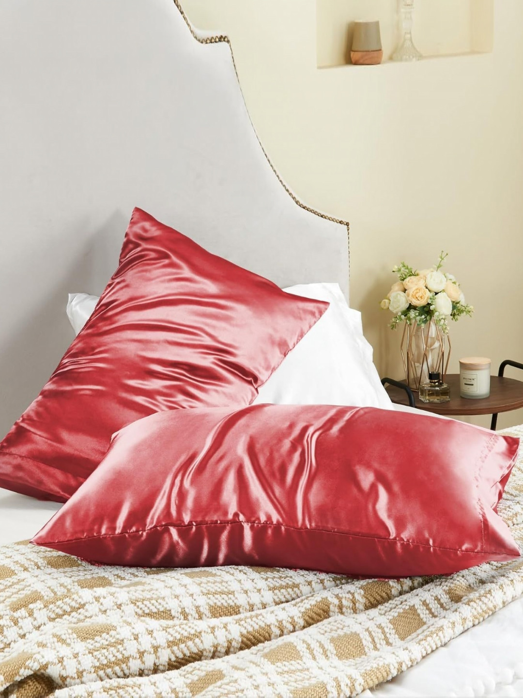DEHMAN Red 2 Pieces Pure Silk Rectangular Pillow Covers
