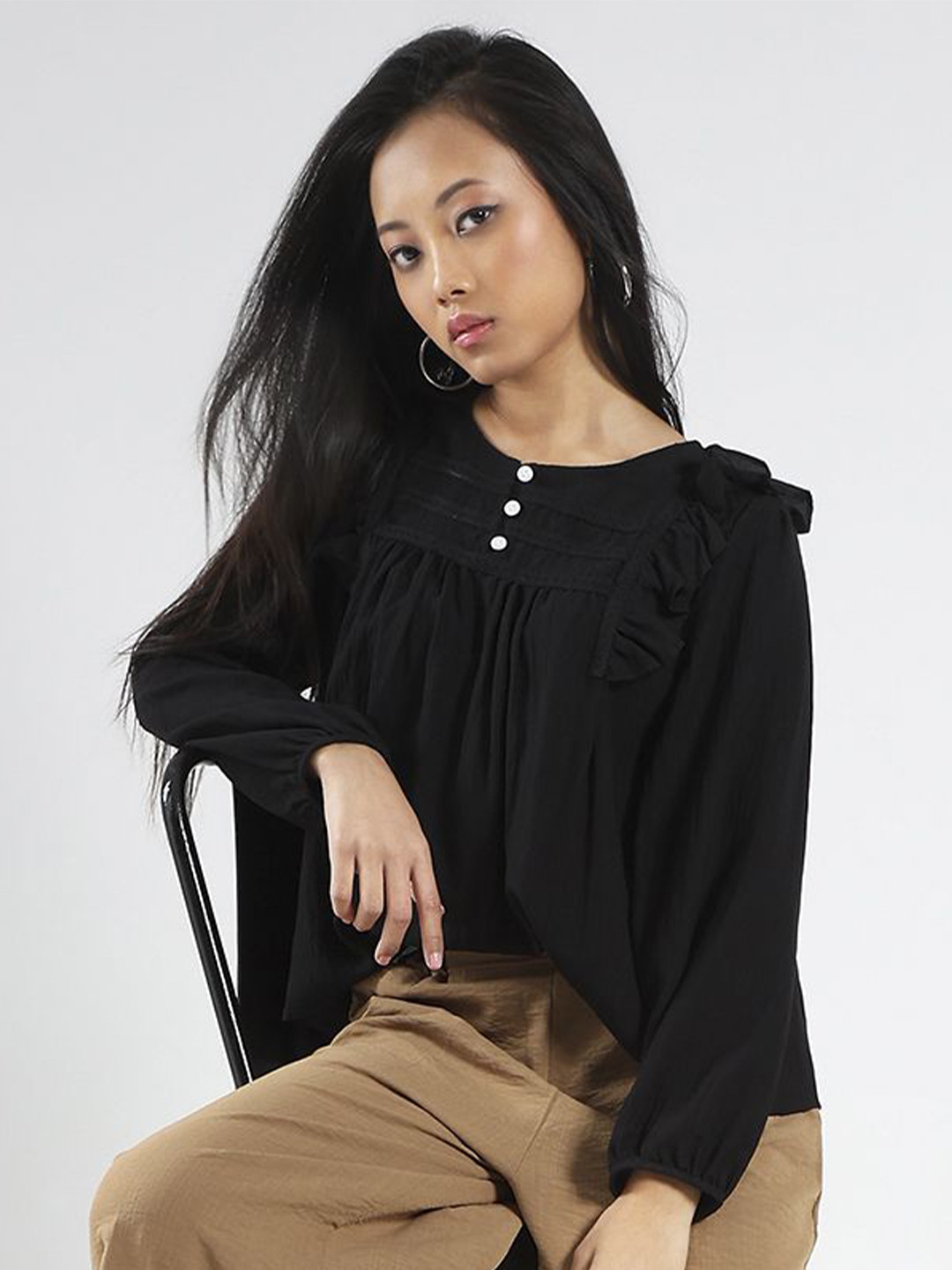 Sera Women Black Ruffled Button-Front Korean Top