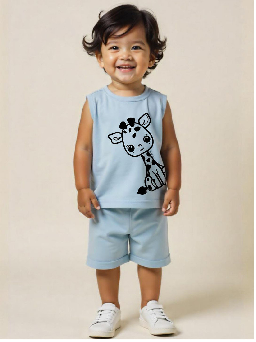 Minicult Unisex Kids Animal Printed Round Neck Sleeveless Pure Cotton T-shirt With Clothing Set