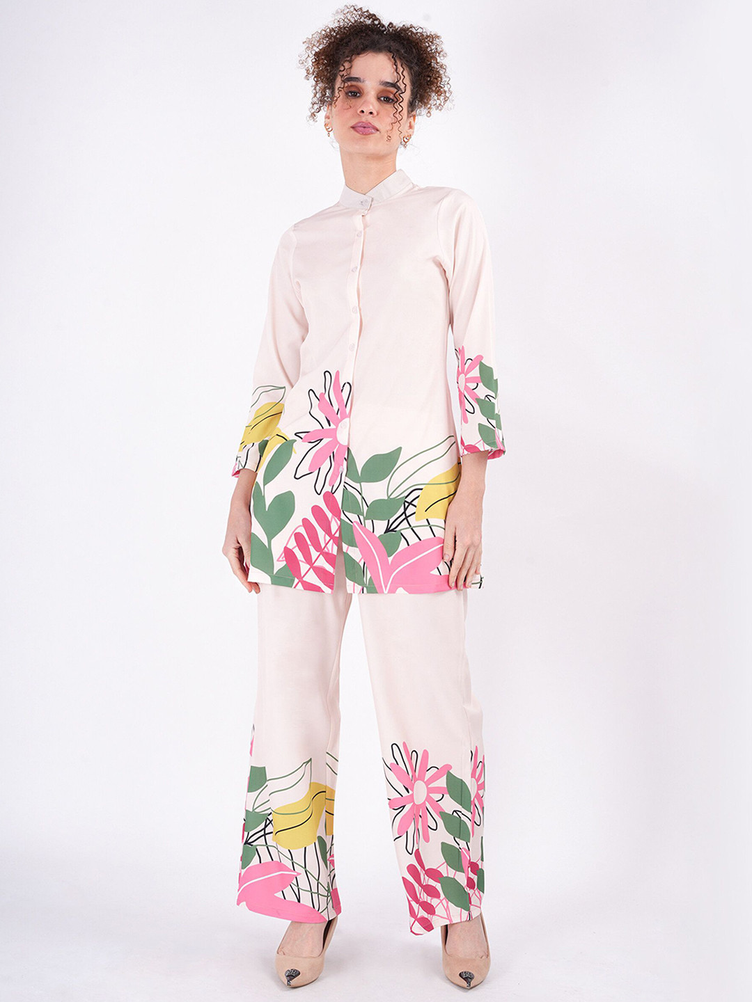 clobug Floral Printed Band Collar Shirt & Trousers