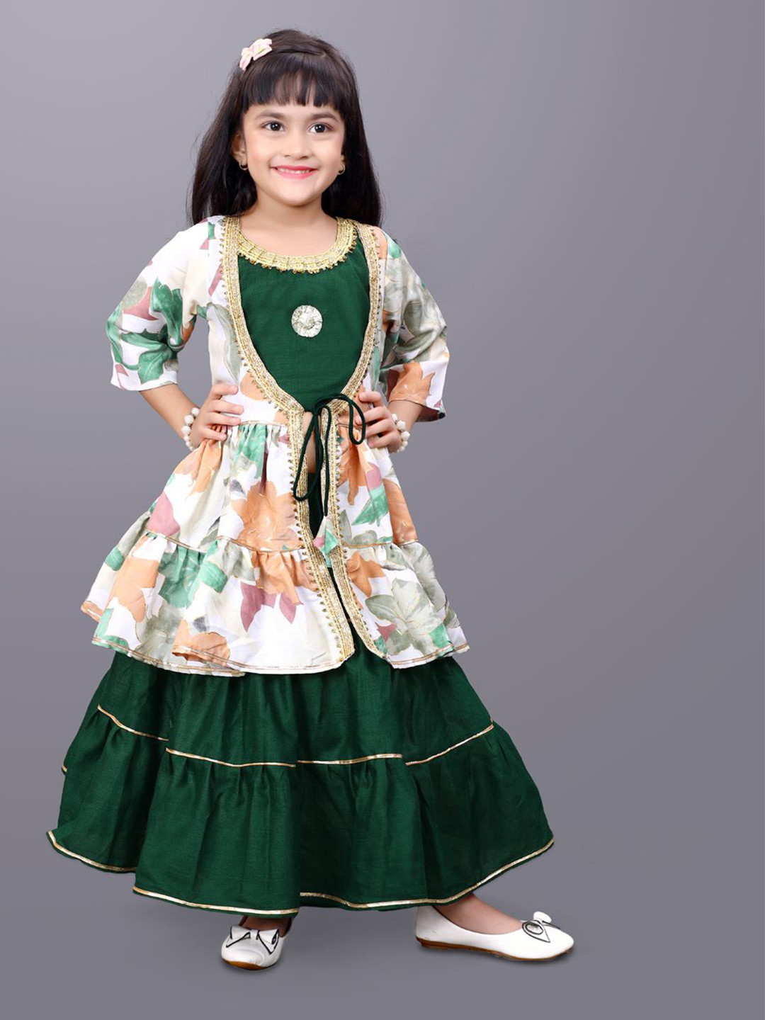 satyamfab Girls Printed Gotta Patti Work Ready to Wear Lehenga And Blouse With Shrug
