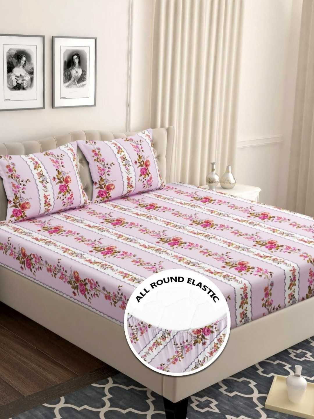 VAS COLLECTIONS Valencia Pink Printed Microfiber 210TC Queen Bedsheet Set 1.82 m x 1.98 m