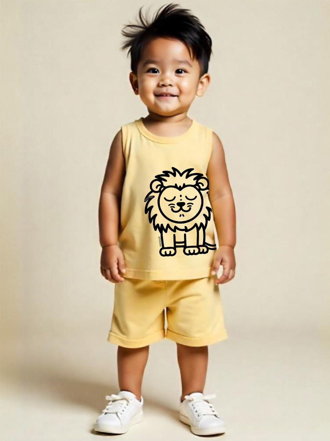 Minicult Unisex Kids Animal Printed Round Neck Sleeveless Pure Cotton T-shirt With Clothing Set