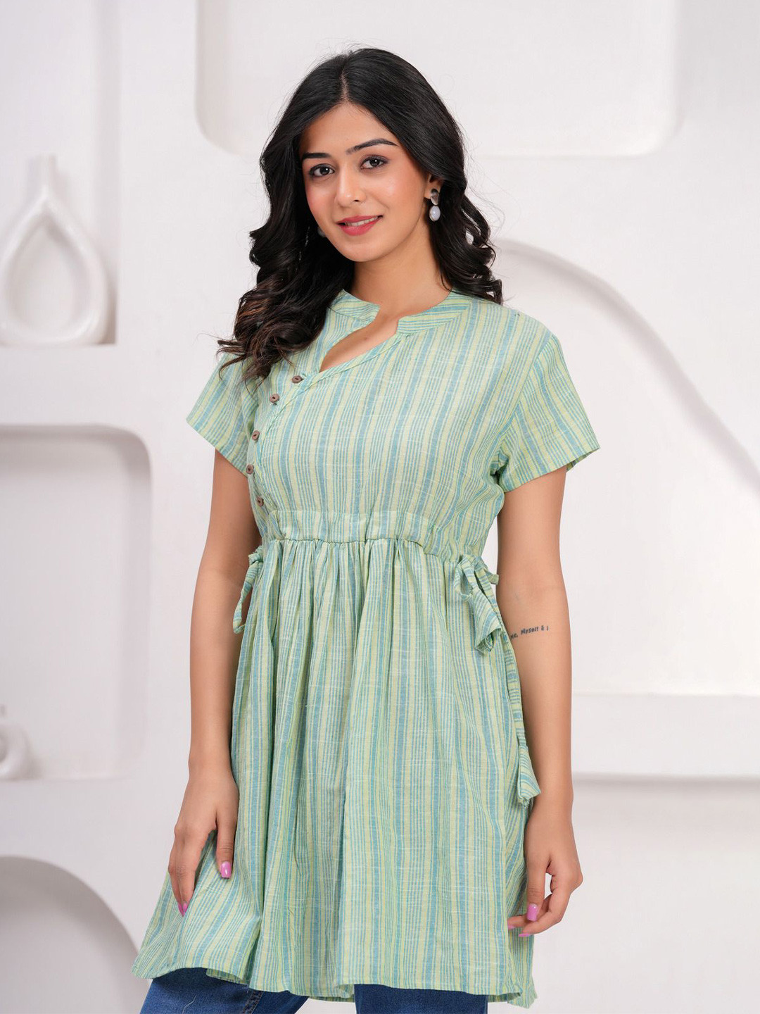 Sarai Women Green Striped Cotton Mandarin Collar Longline Top