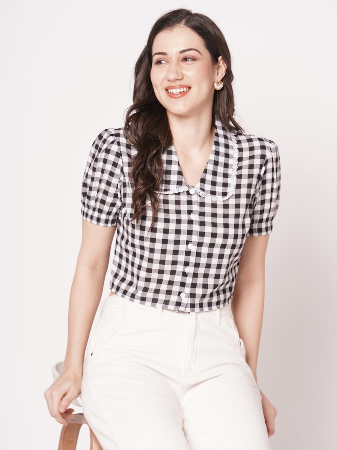 ZESTX Women Gingham Checks Opaque Checked Casual Shirt