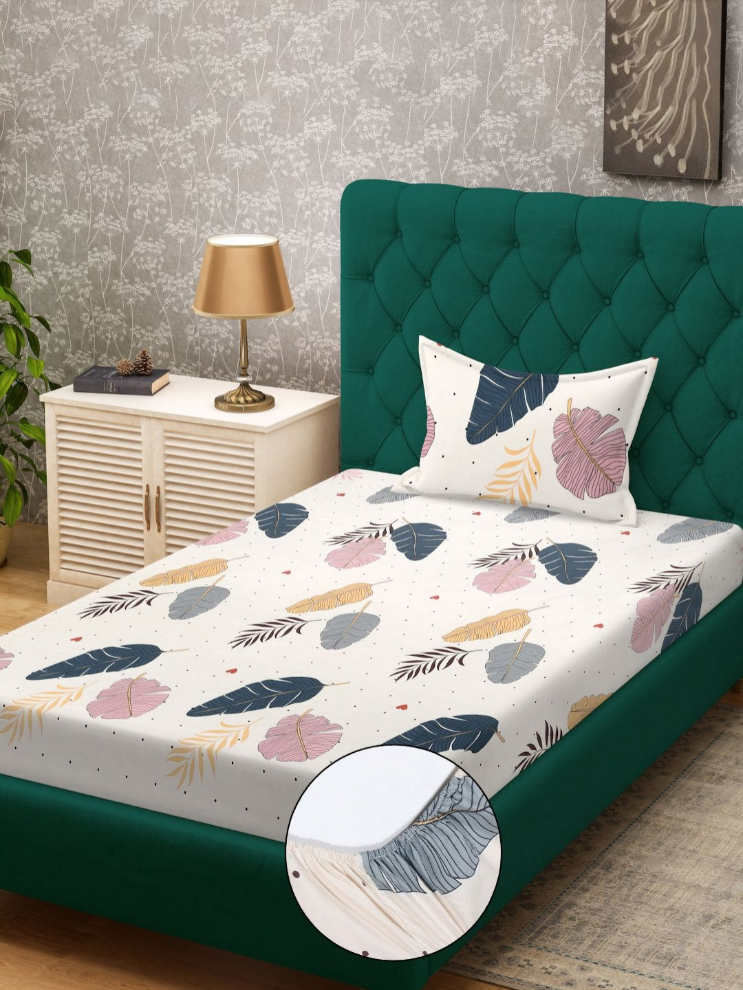 KLOTTHE Passion Fur Cream Leaf Cotton 300 TC Fitted Single Fine Bedsheet with a Pillow Cover-89 x 59 inches